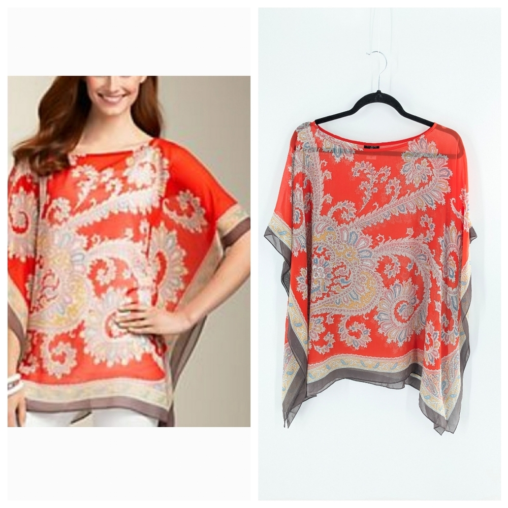 Beautiful Talbot's Orange Paisley Sheer 100% Silk Top XL